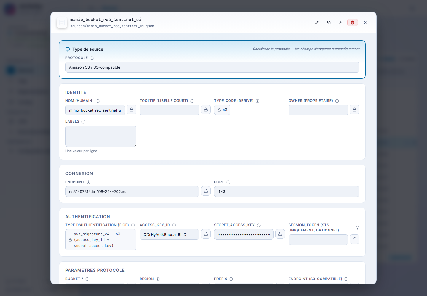 Éditeur de source, protocole S3 : endpoint, authentification, bucket et options